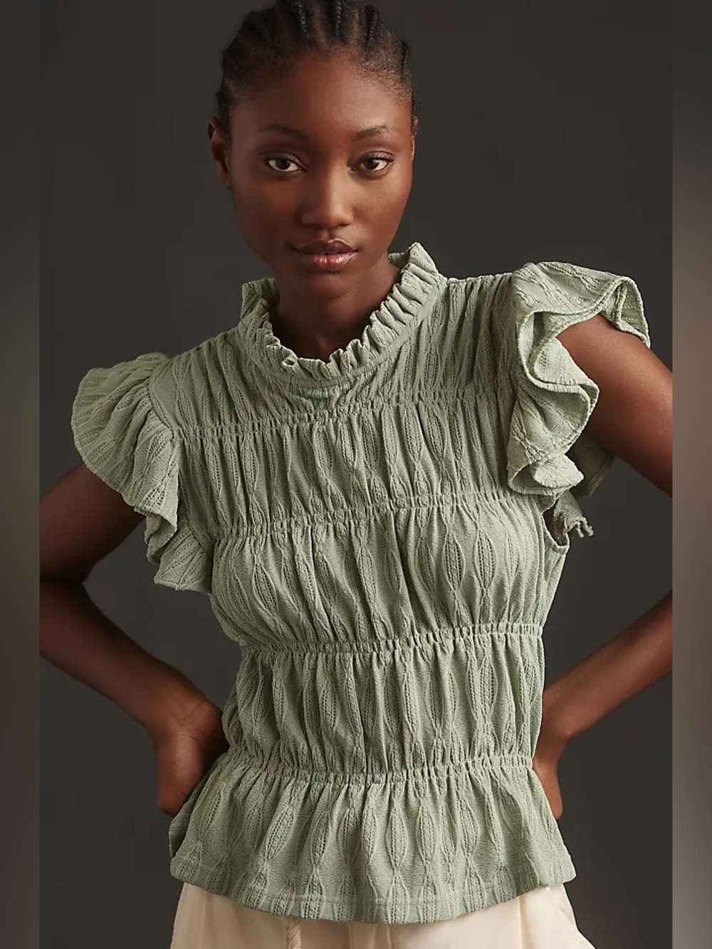 Anthropologie Blue Tassel Ruched Flutter-Sleeve Top in Mint